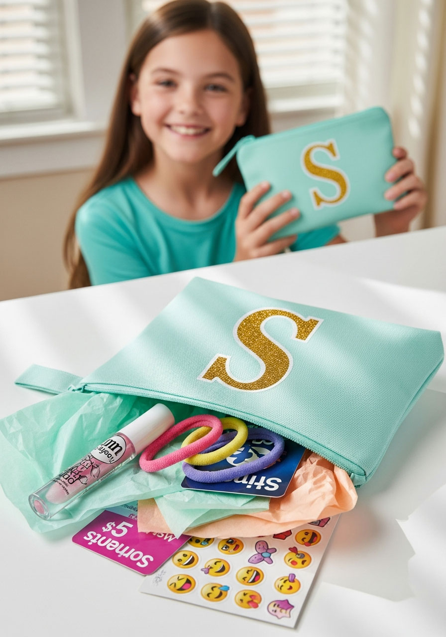 Personalized initial canvas pouch filled with goodies party favor for tween birthday celebration