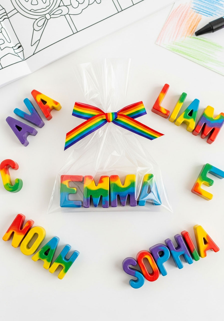 Personalized name crayons in rainbow swirl colors party favor for kids birthday celebration