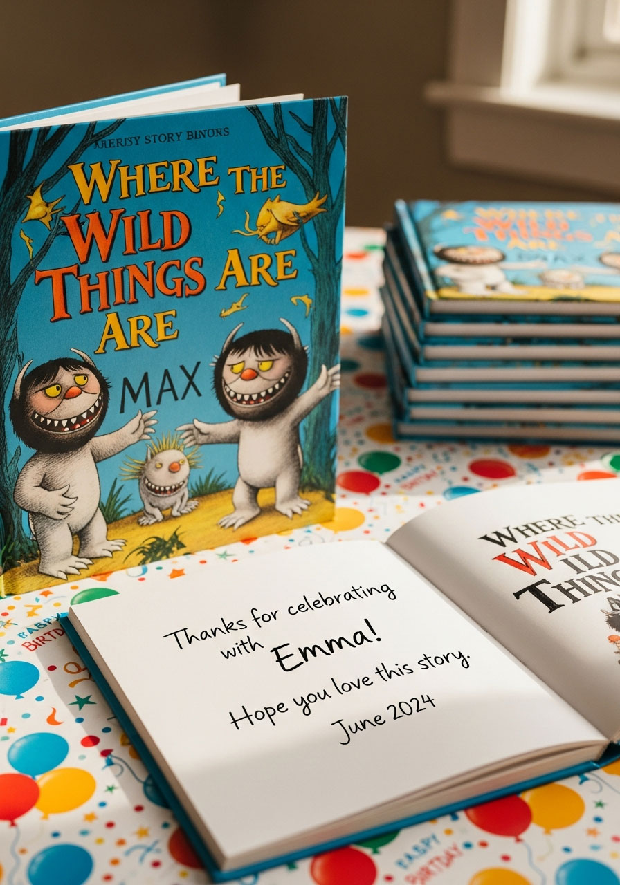 Children's storybook party favor with personalized handwritten inscription inside for birthday guest
