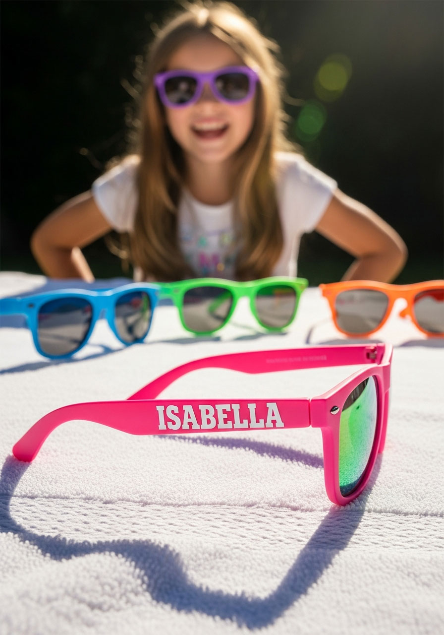 Personalized sunglasses party favor with custom name vinyl for kids summer birthday party