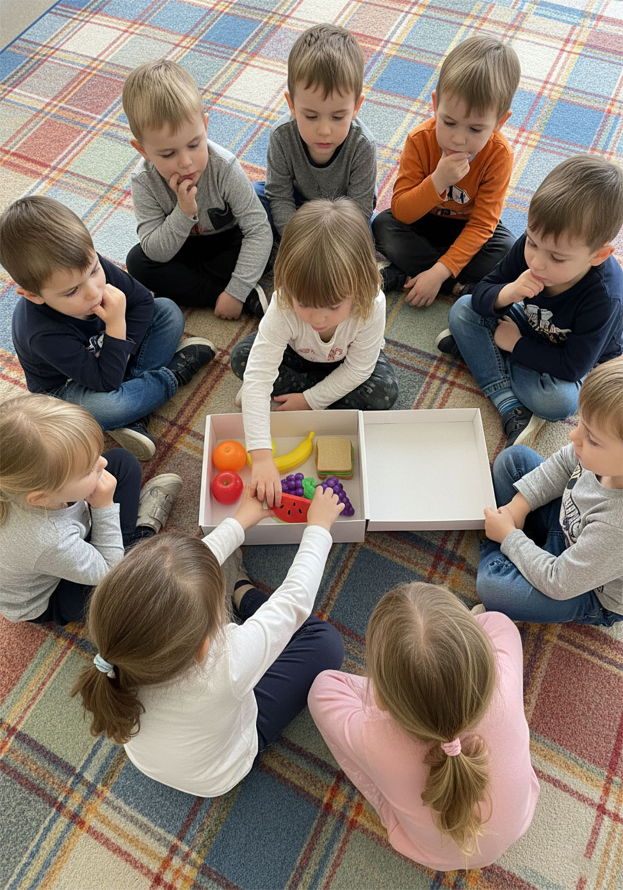 Preschoolers playing memory game with play food items in box during circle time cognitive activity