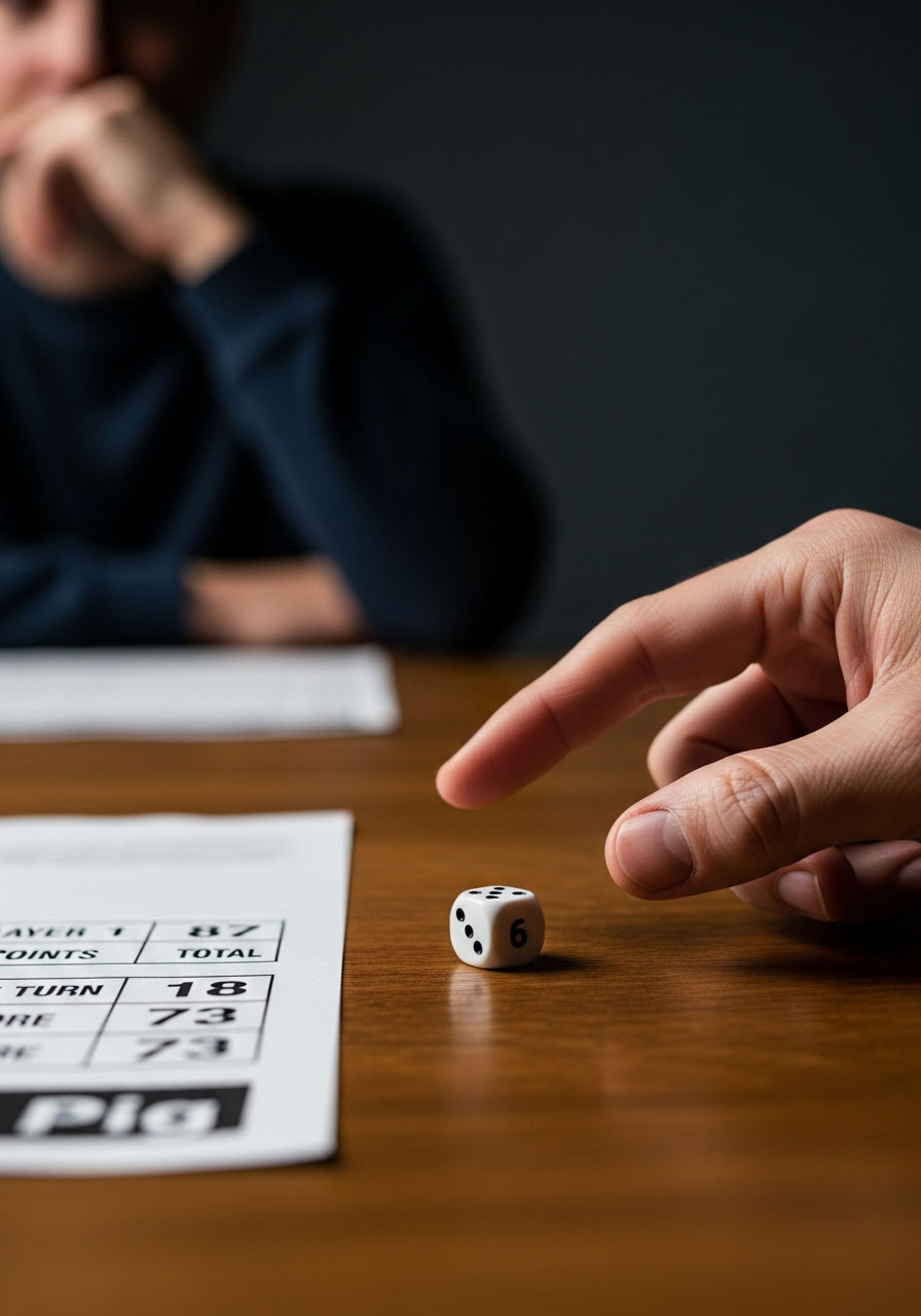 Single die and score sheet showing player at 87 points deciding whether to risk rolling again or banking points in simple Pig dice game
