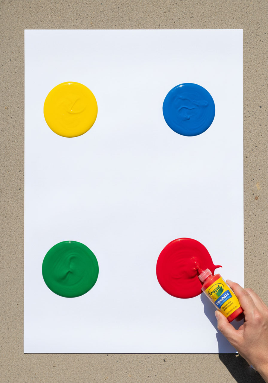 Hand squeezing washable paint blobs onto white poster board in strategic spacing for toy car painting art project
