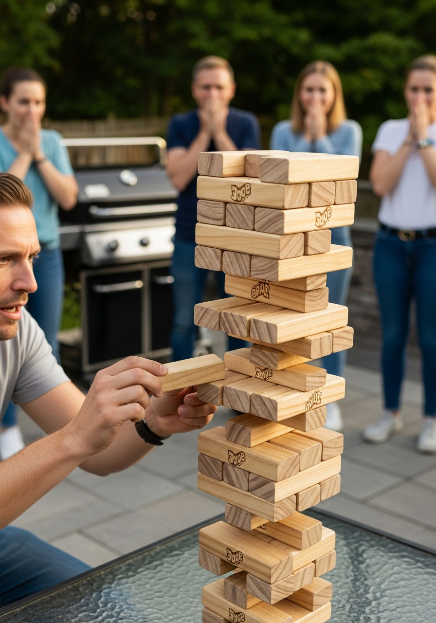 Player carefully removing block from giant Jenga tower during outdoor backyard party game showing intense gameplay moment