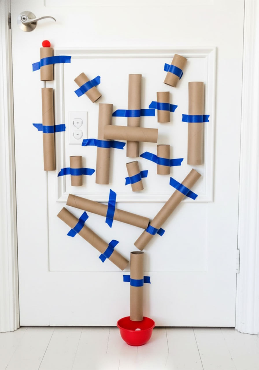 Complete pom pom tube drop maze showing multiple cardboard tubes arranged in diagonal and vertical pattern on white door
