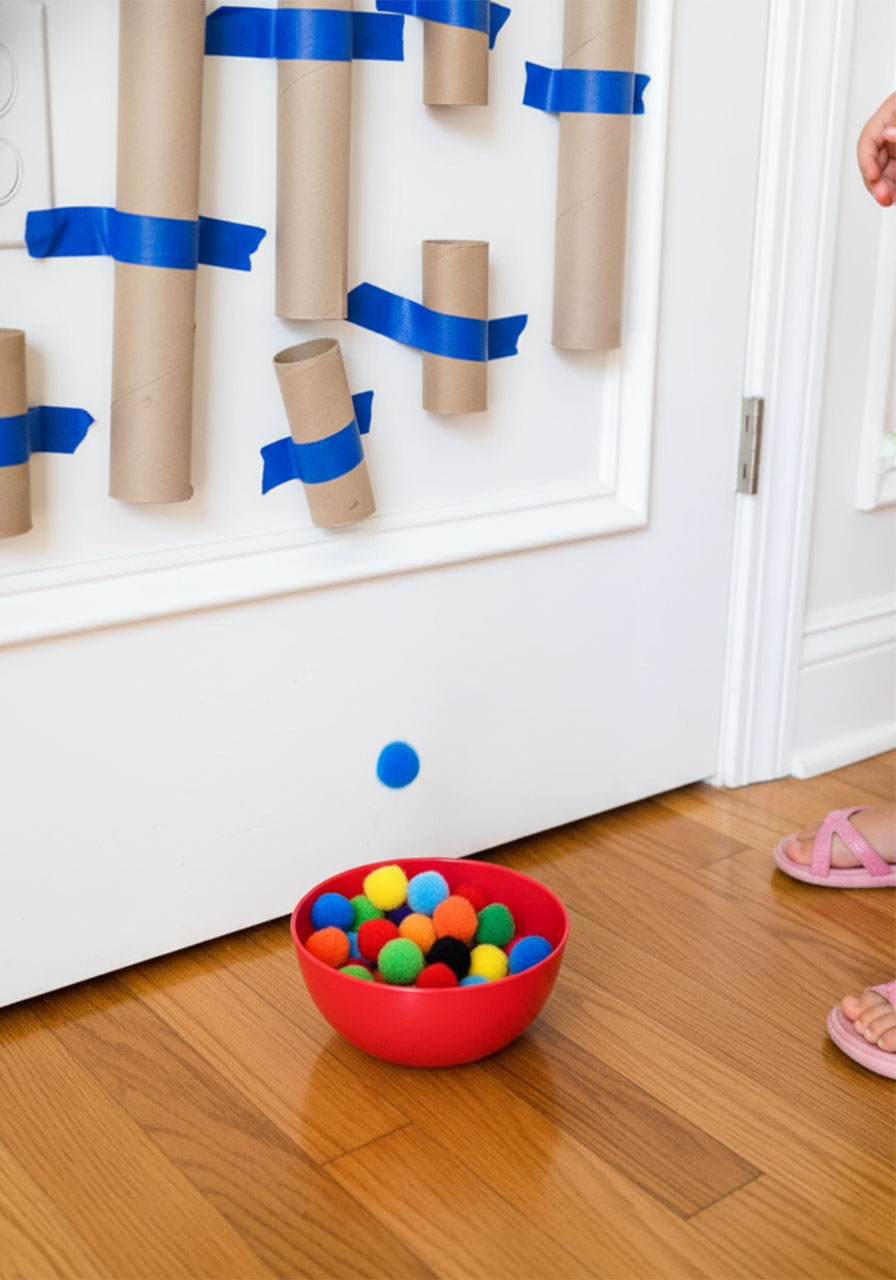 Blue pompom falling from cardboard tube into collection bowl showing patience-building activity for toddlers