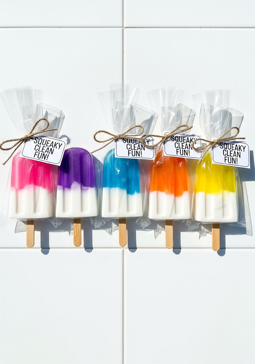 Handmade popsicle-shaped glycerin soap party favors in colorful layers wrapped in cellophane