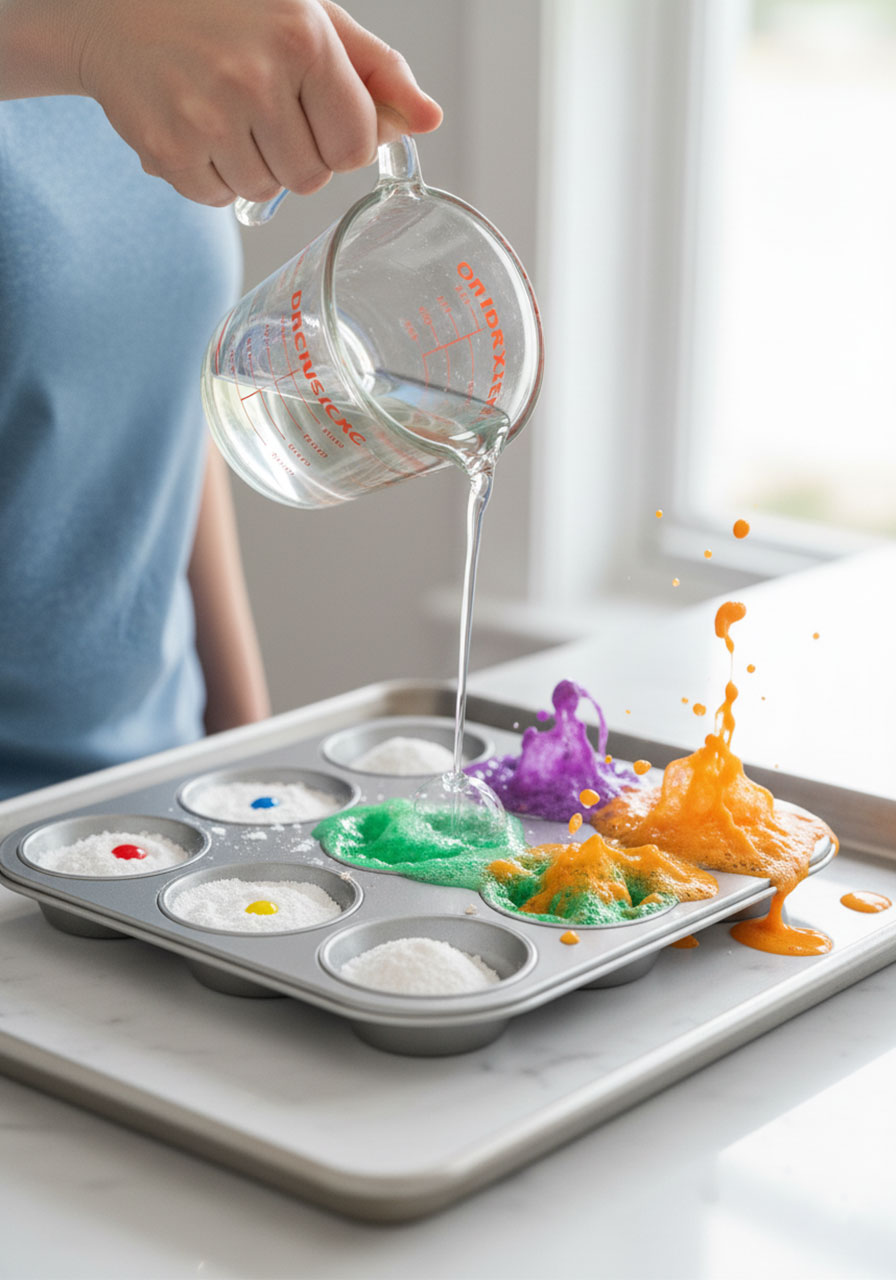 Pouring white vinegar onto colored baking soda creating fizzing eruption reaction for kids fireworks science experiment