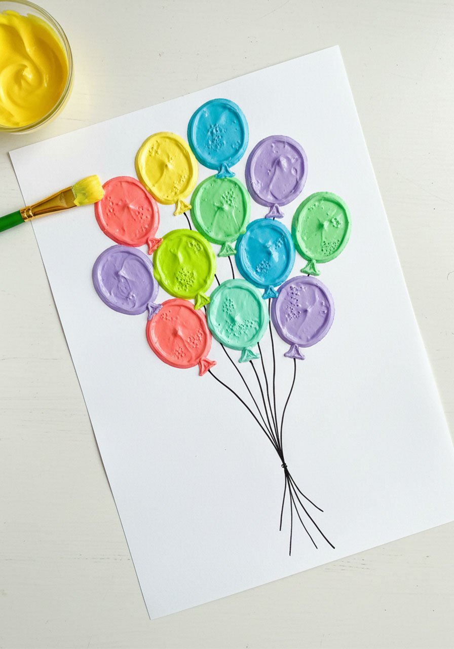 Colorful puffy paint balloon bouquet art project showing multiple 3D textured balloons with hand-drawn strings on white paper