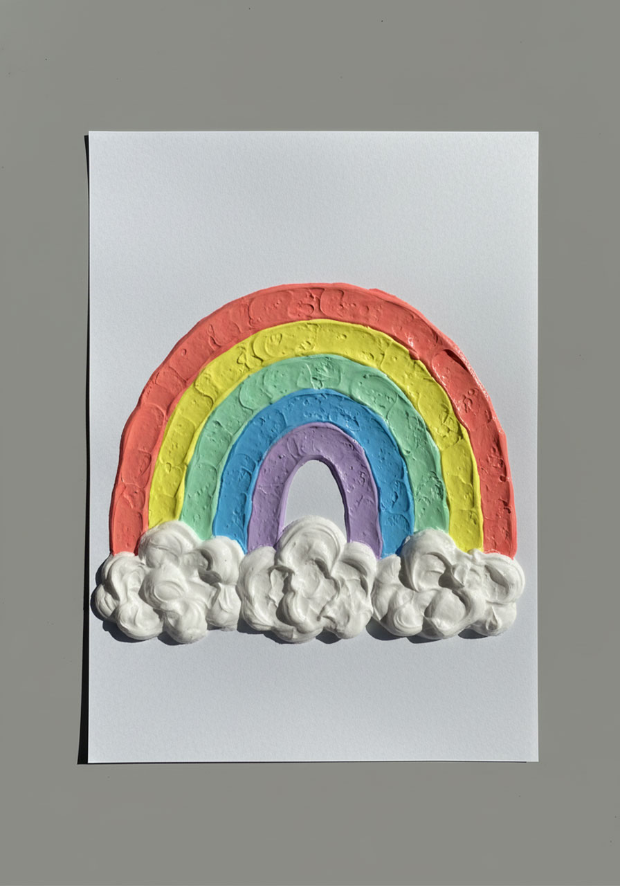 Finished puffy paint rainbow art with fluffy white clouds showing vibrant 3D textured effect on white paper