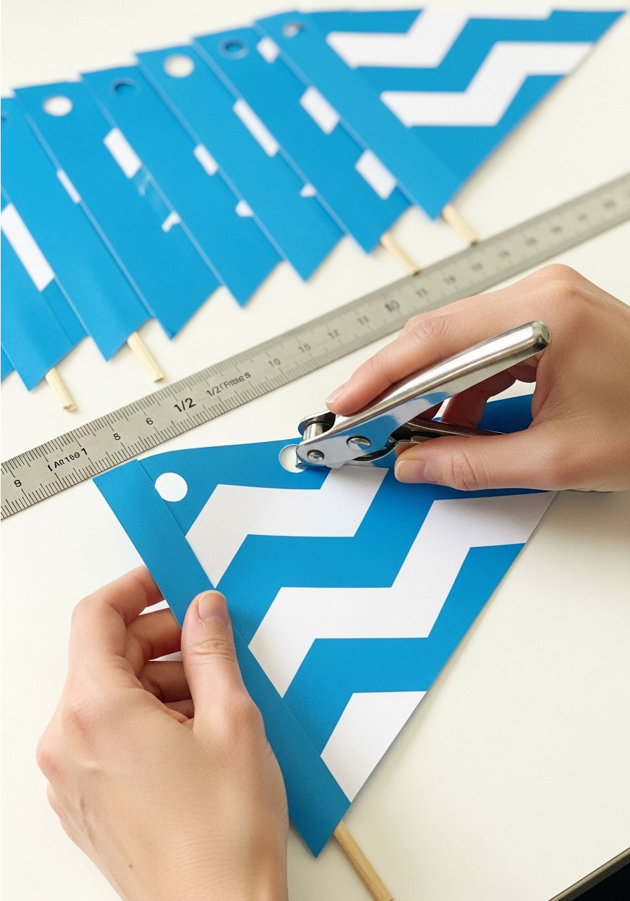 Using hole punch to make holes in corner of DIY birthday banner flag for ribbon