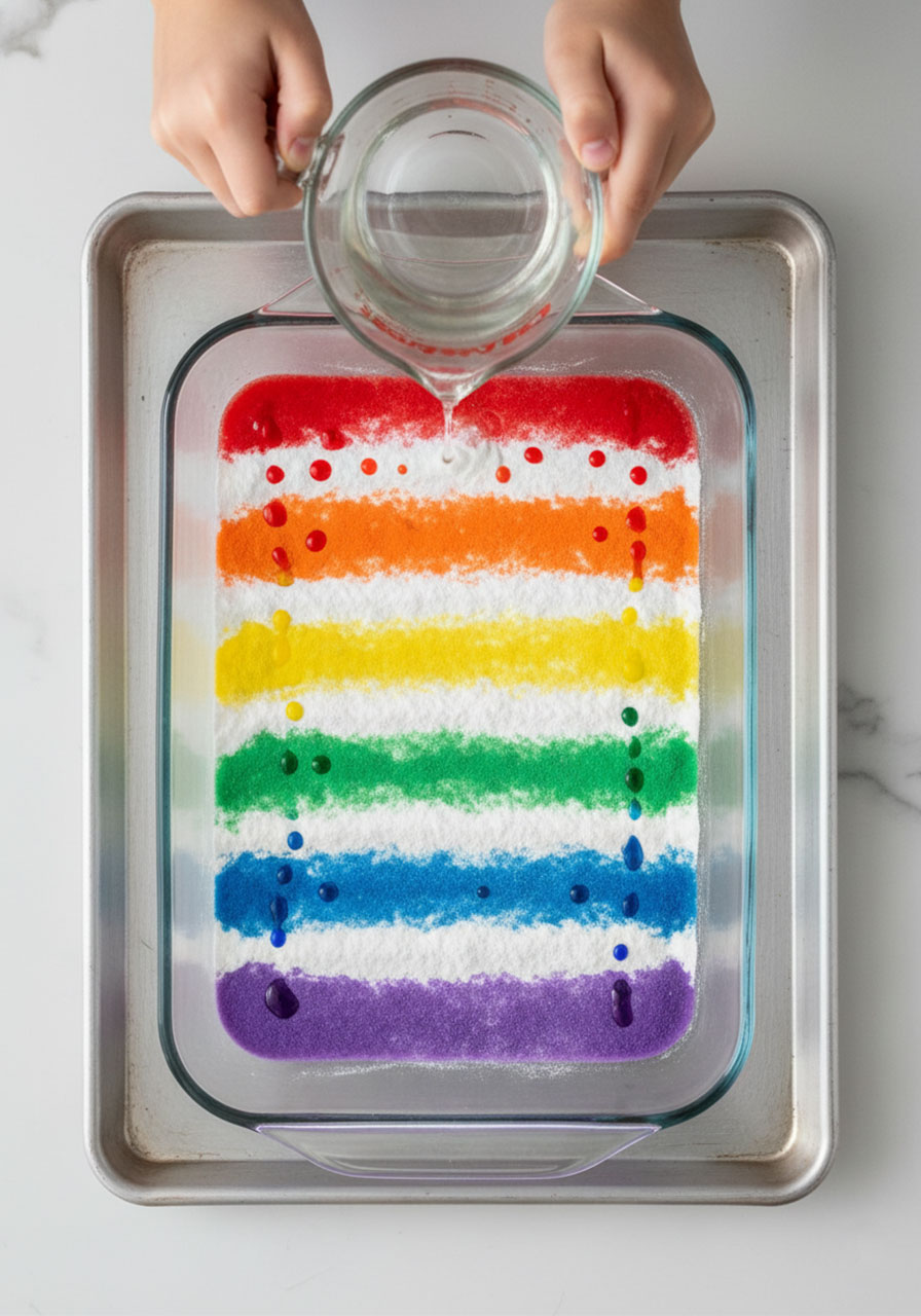Rainbow striped baking soda in glass casserole dish before vinegar pour for colorful cascade science experiment