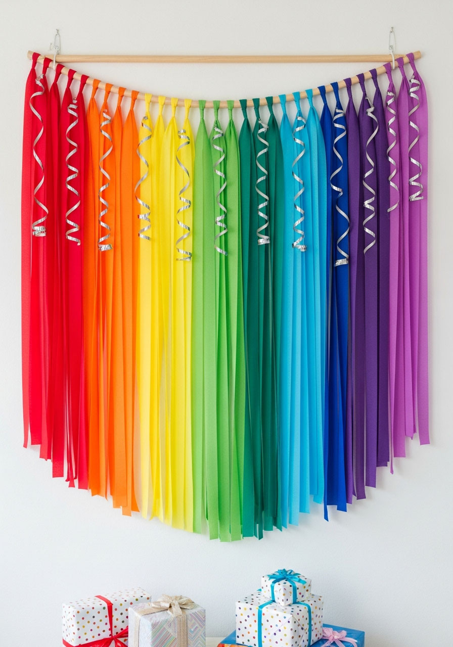 Rainbow colored crepe paper streamer backdrop with all colors arranged in gradient for vibrant kids birthday party