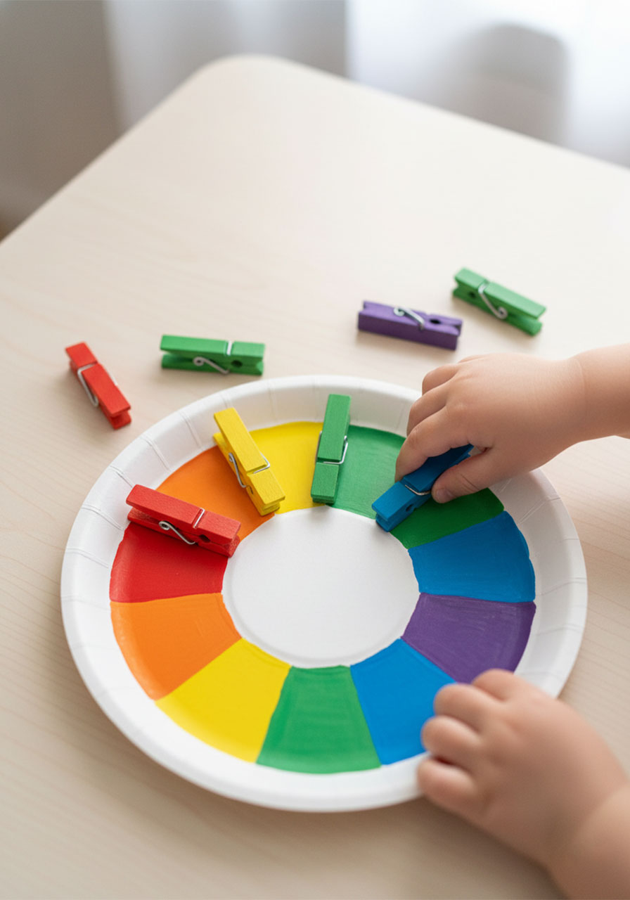 Toddler matching colored clothespins to rainbow wheel during circle time color recognition activity