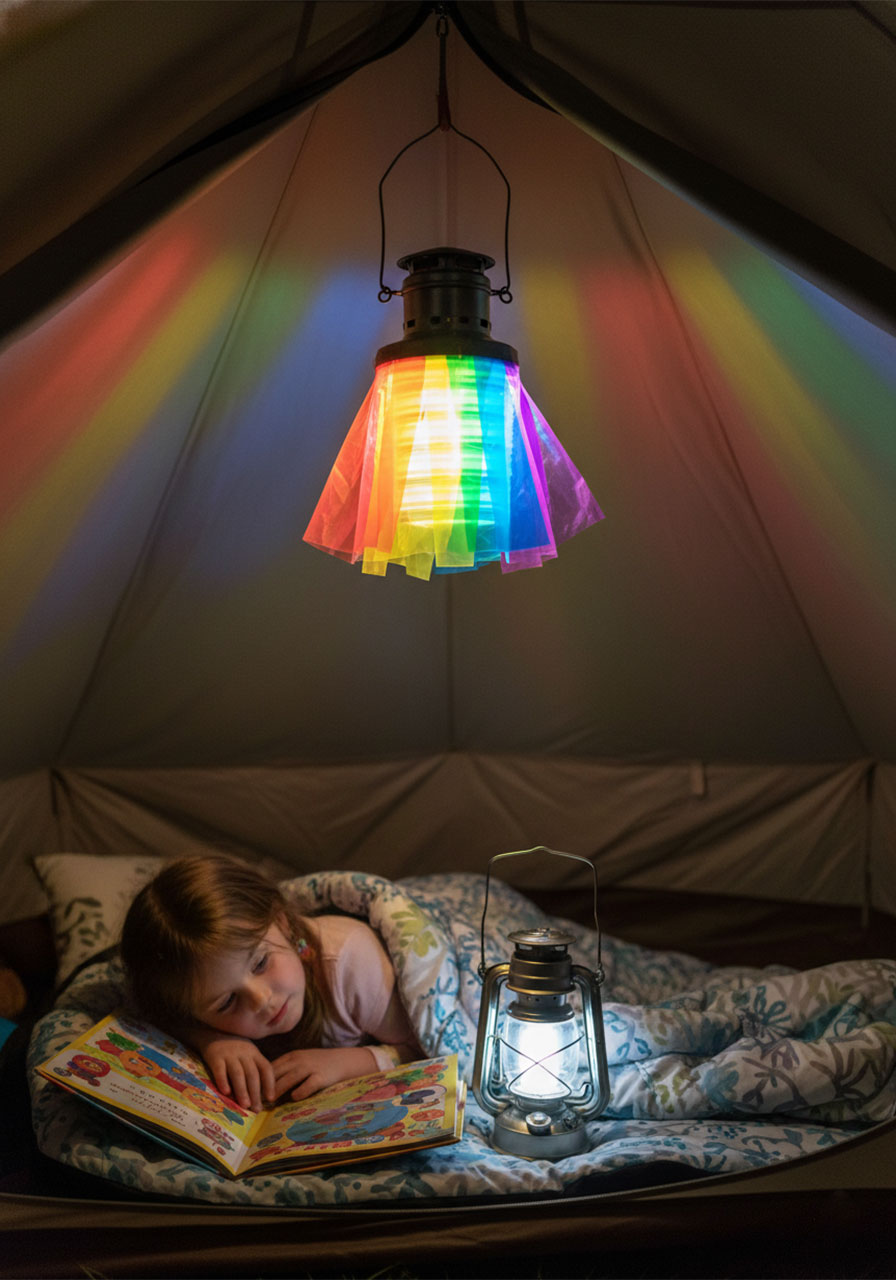 Rainbow colored camping lantern with cellophane creating magical glow inside tent for children