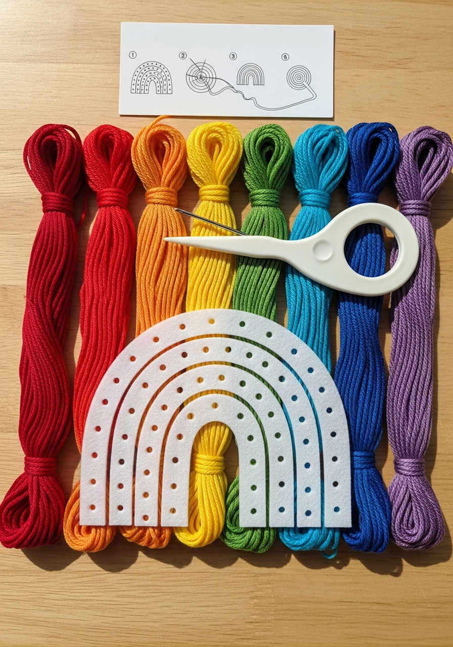 Rainbow yarn craft kit party favor with pre-punched felt and colorful yarn for hand-stitching