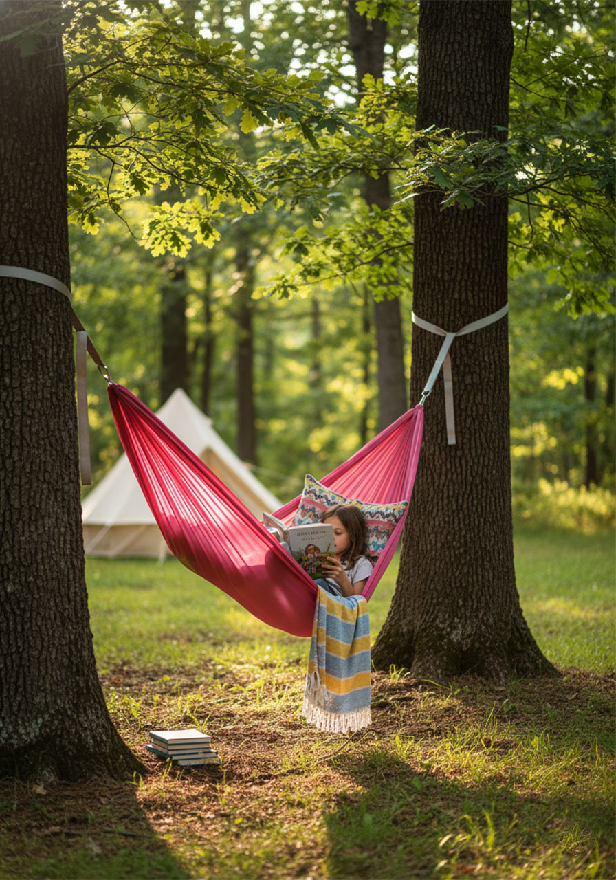 Child relaxing in hammock reading book between trees at campsite for quiet outdoor camping activity