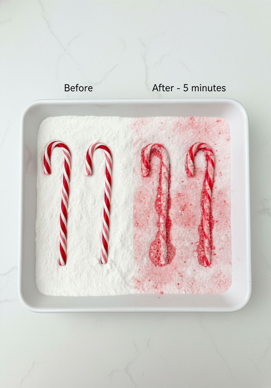 Before and after comparison showing real candy canes dissolving during eruption experiment