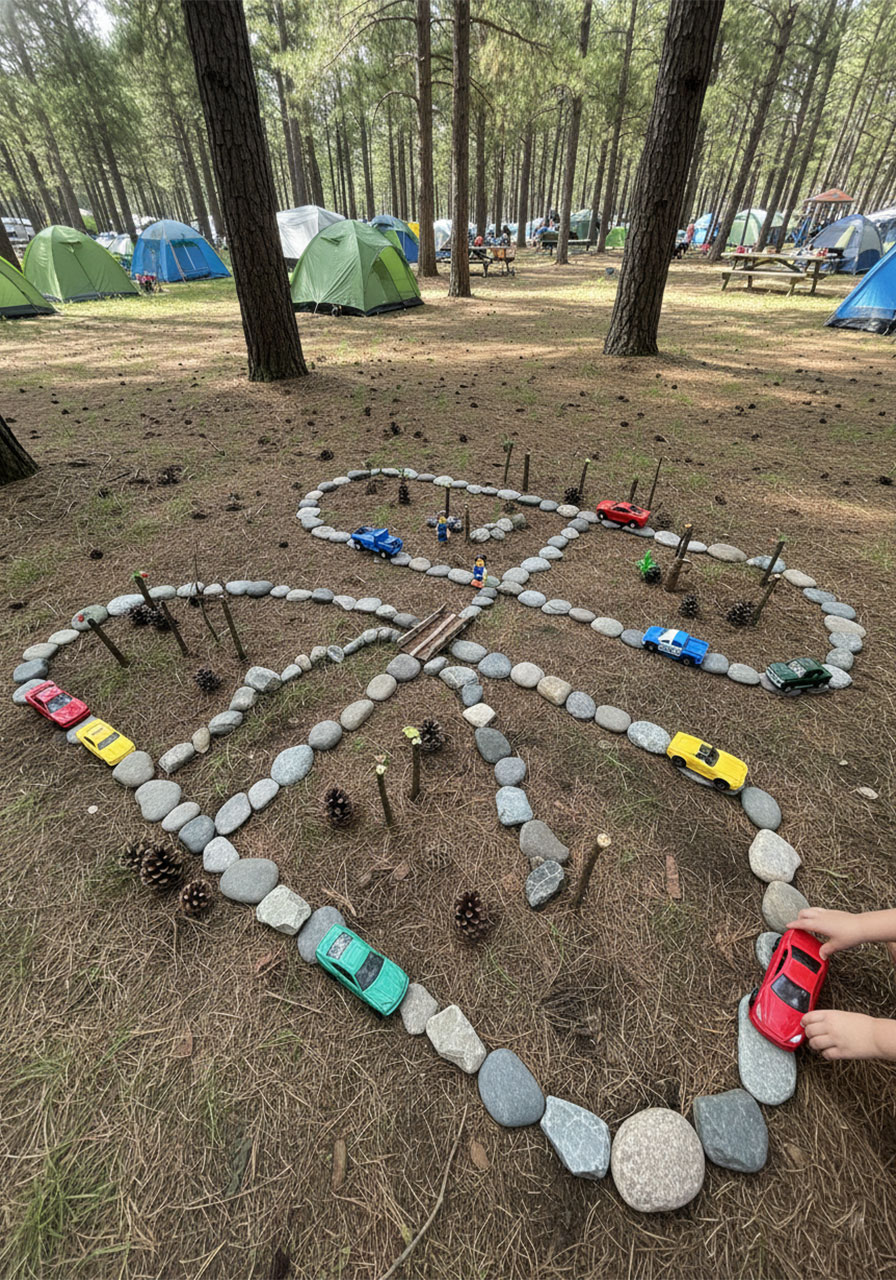 Elaborate rock road system with toy cars and nature elements for camping imaginative play