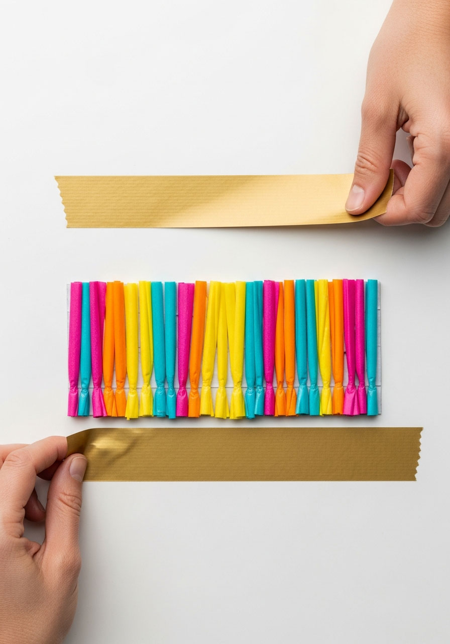 Close-up of hands sealing colorful streamer strips between two pieces of gold duct tape using sandwich method