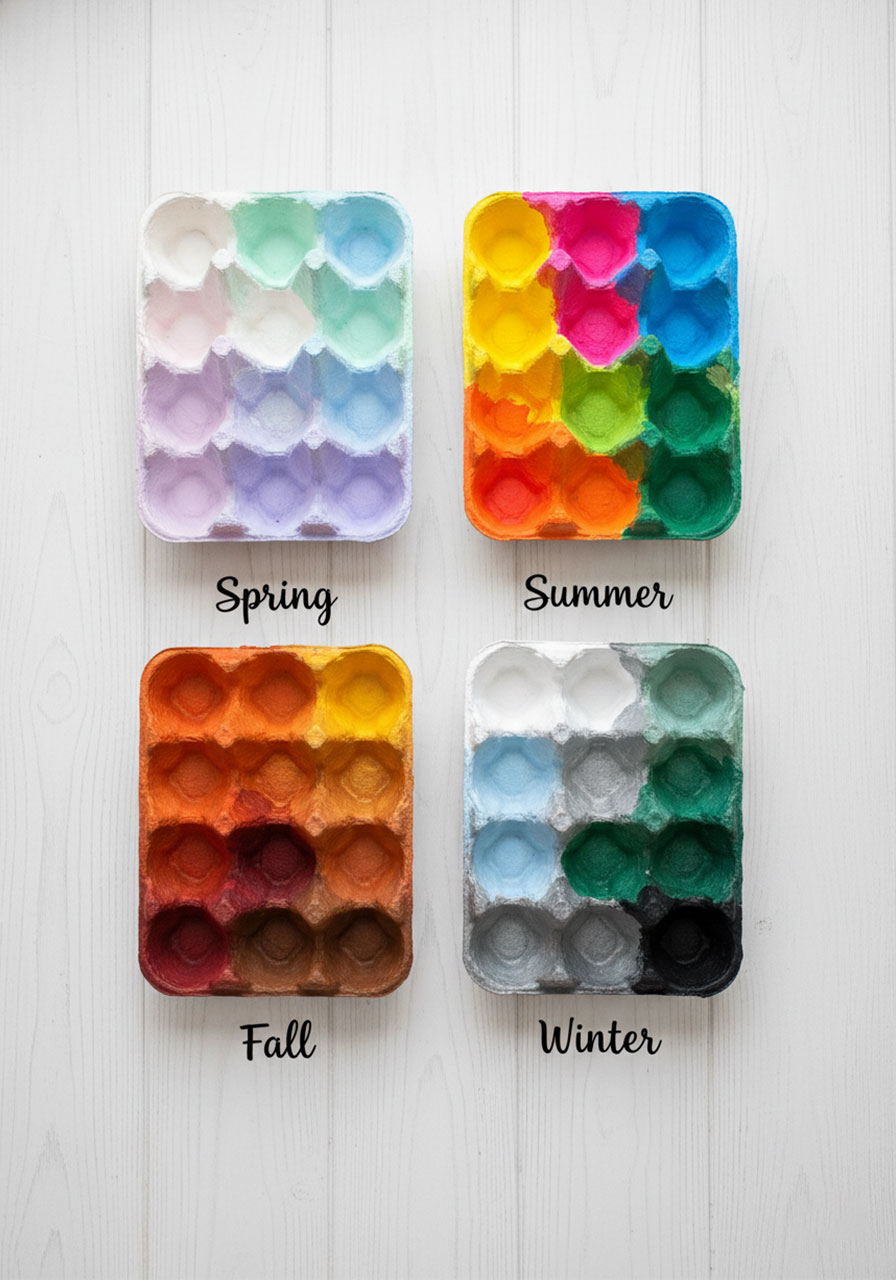 Four painted egg cartons showing different seasonal color palettes for spring summer fall and winter nature hunts