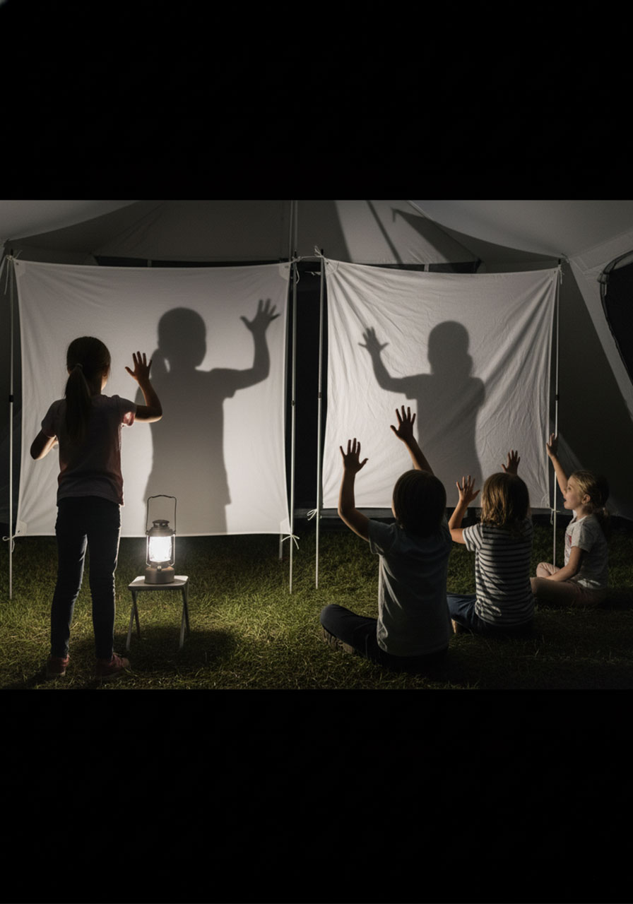 Children playing shadow charades game with sheet screen and lantern at camping site