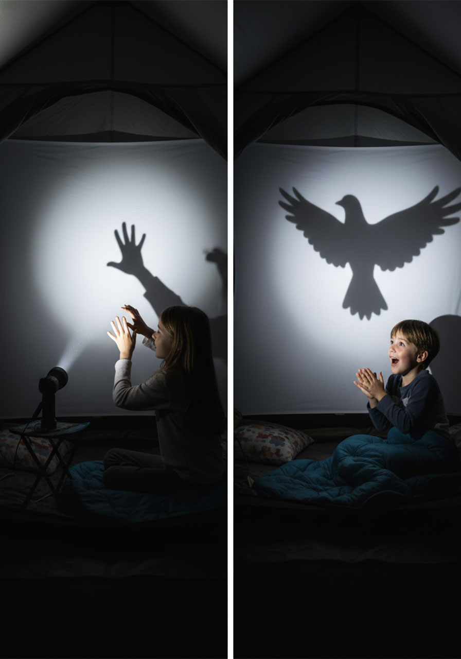 Child creating hand shadow puppets inside tent with flashlight and sheet screen for camping entertainment