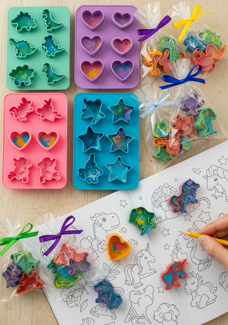 Fun-shaped crayons made in silicone molds from recycled crayons party favors for kids