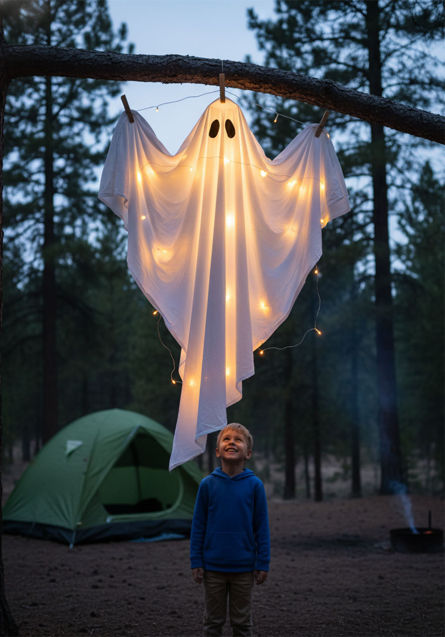 Child looking at homemade sheet ghost decoration with glowing lights at campsite for spooky camping fun