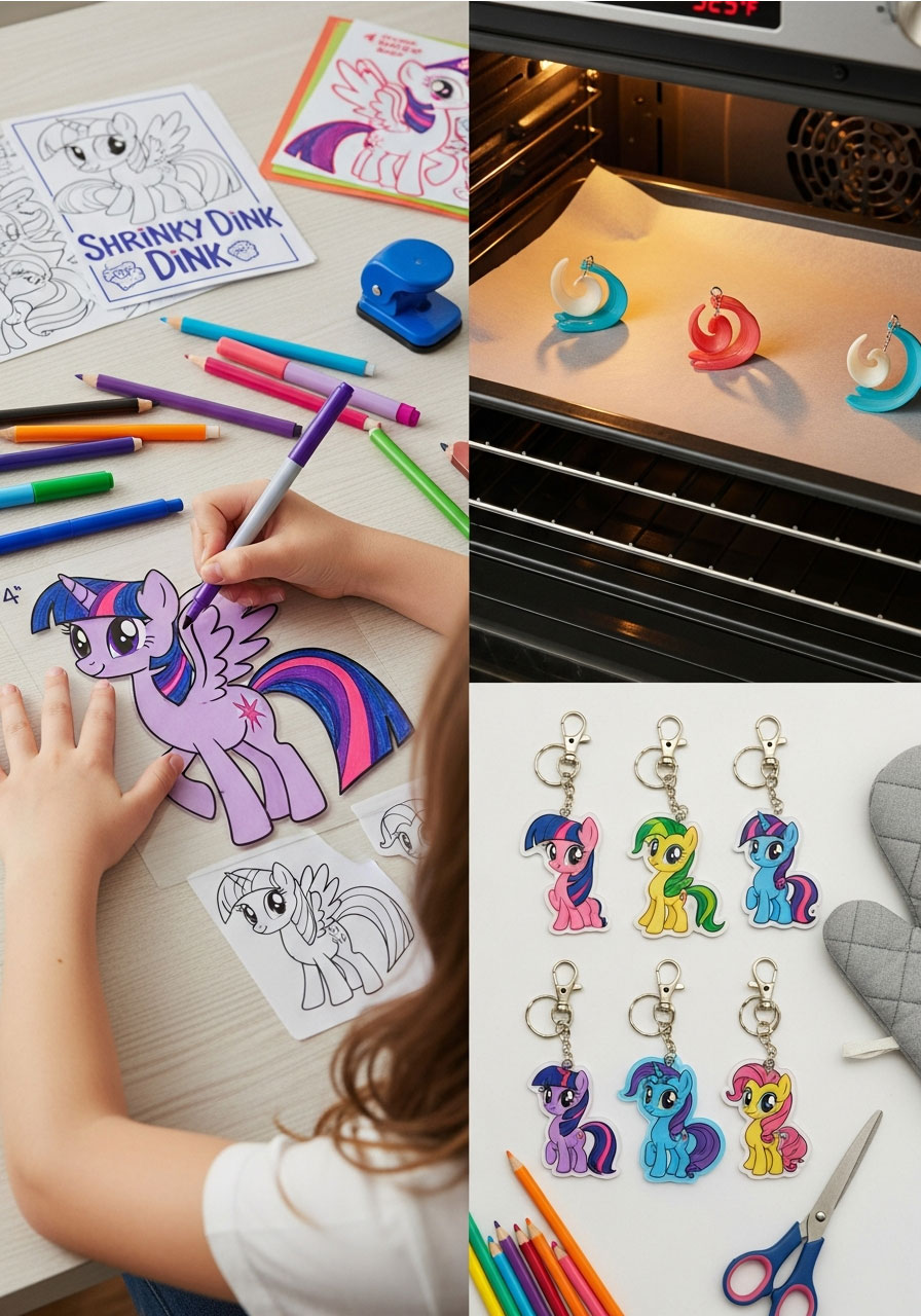 DIY My Little Pony Shrinky Dink charms showing before and after shrinking process for birthday party jewelry craft