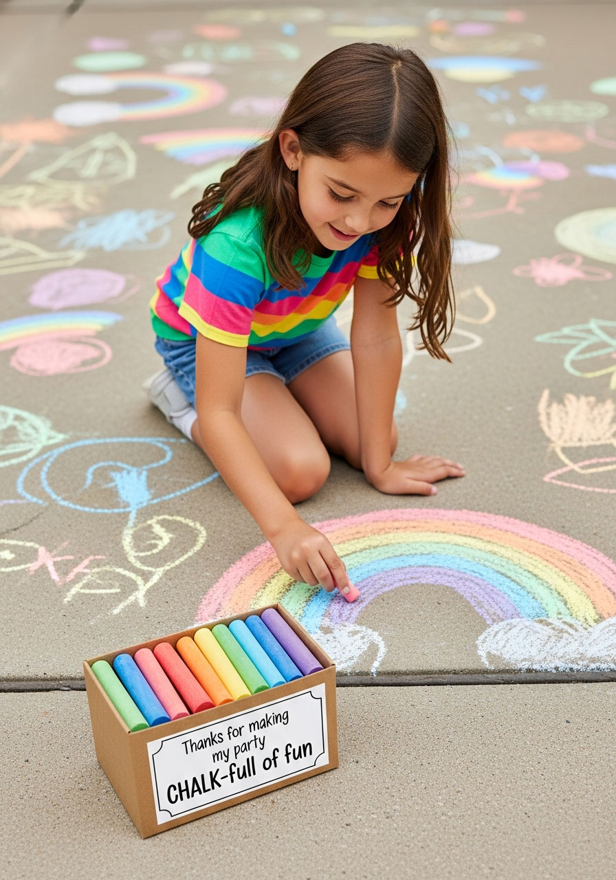 Sidewalk chalk party favor with custom label and child drawing colorful art on driveway