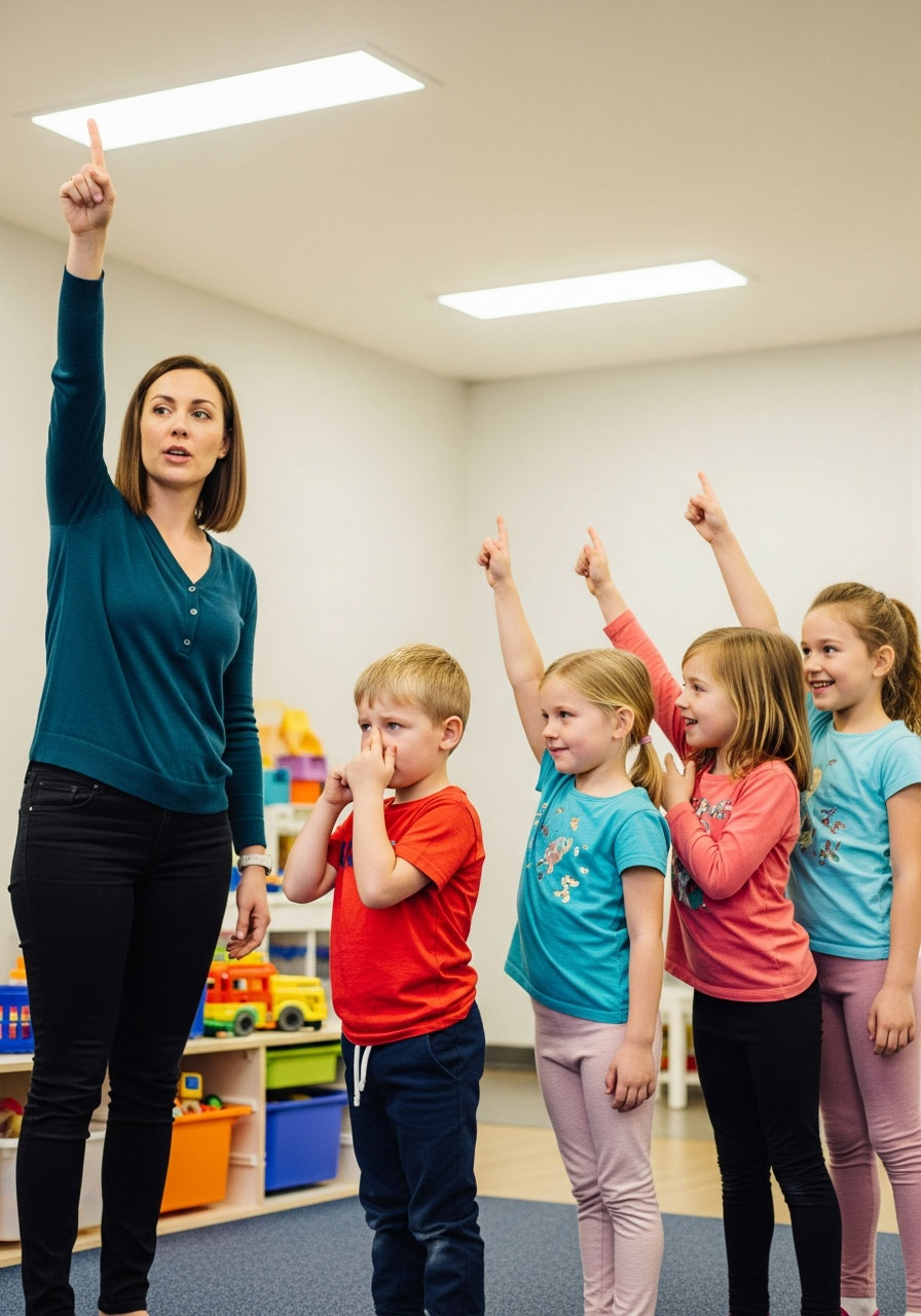 Kids playing Simon Says game following instructions from adult leader - listening skills game for children