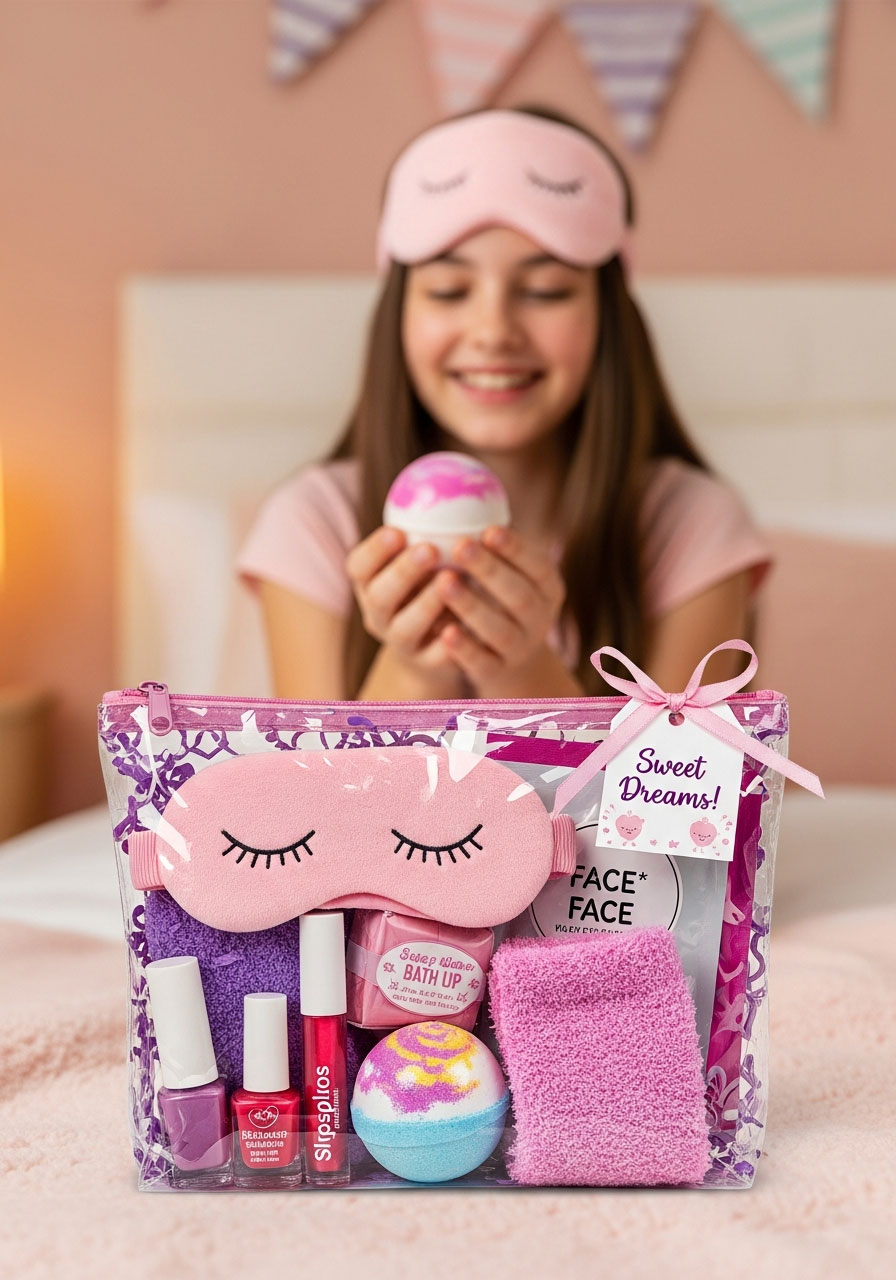 Sleepover survival kit party favor filled with spa items, eye mask, and beauty products for teens