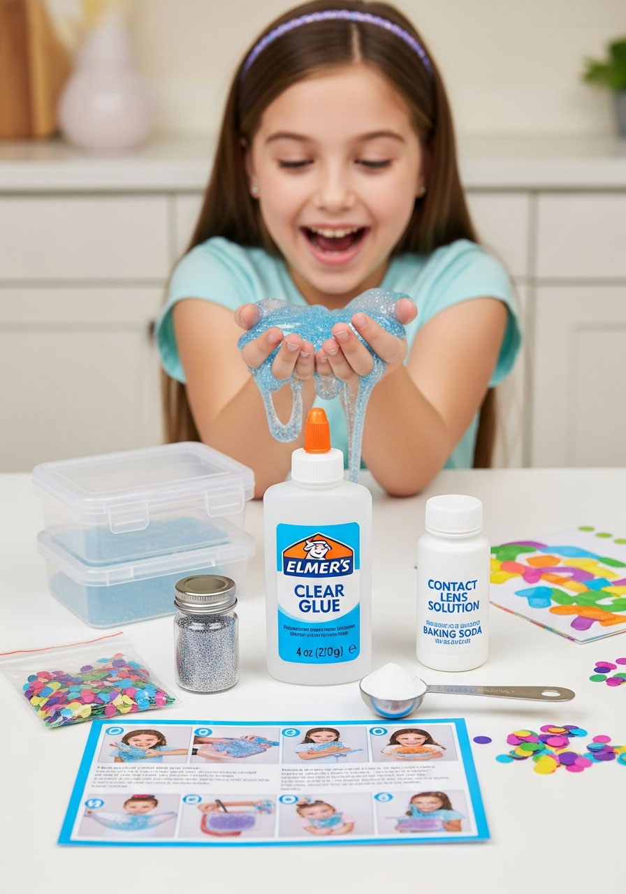 Slime kit party favor with glue, activator, and glitter supplies for DIY slime making