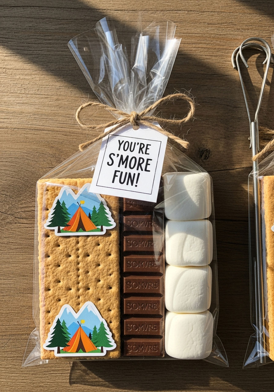 S'mores kit party favor with graham crackers, chocolate, and marshmallows in cellophane bag