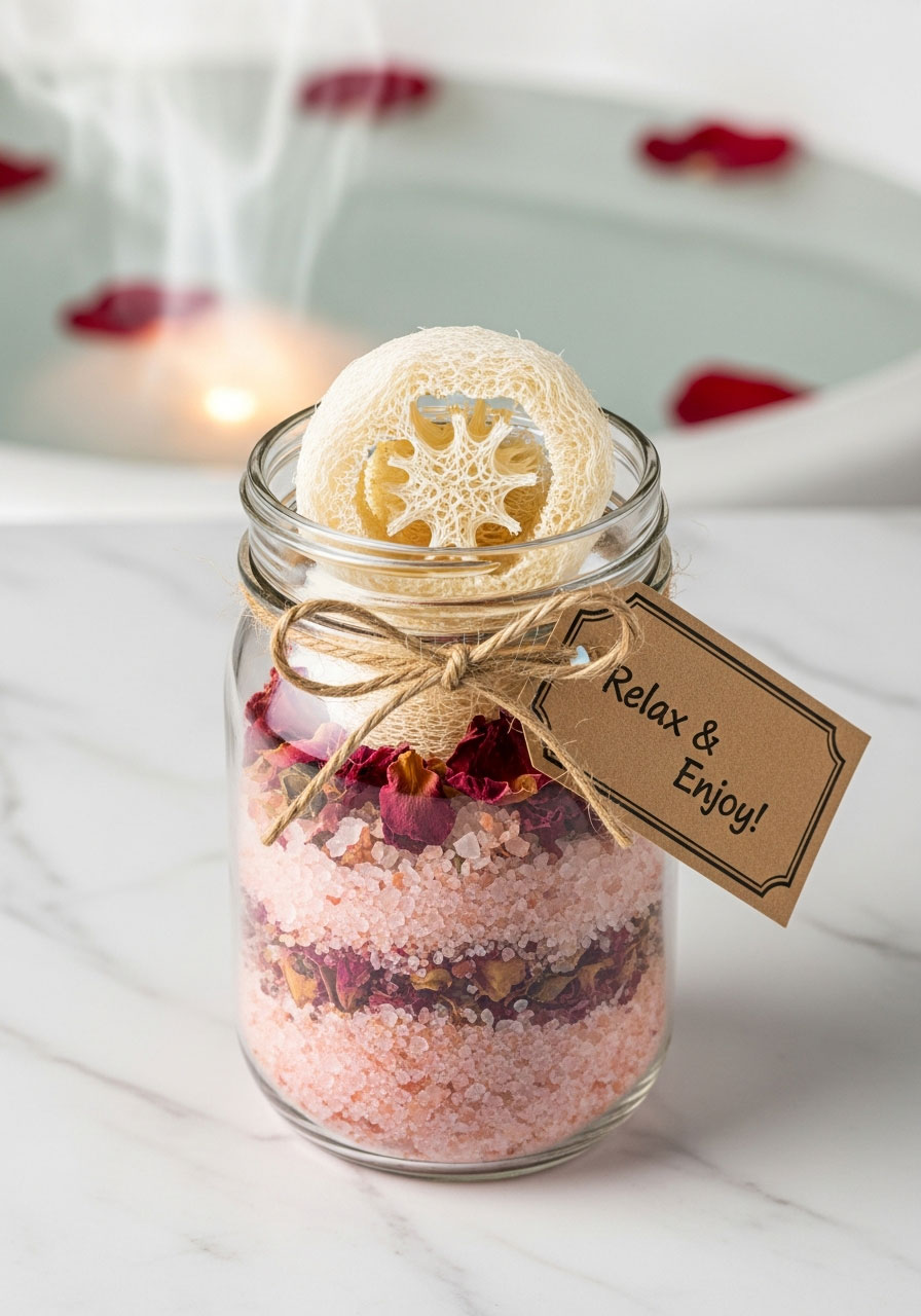 Spa in a jar party favor with Epsom salt bath soak and loofah for tween relaxation