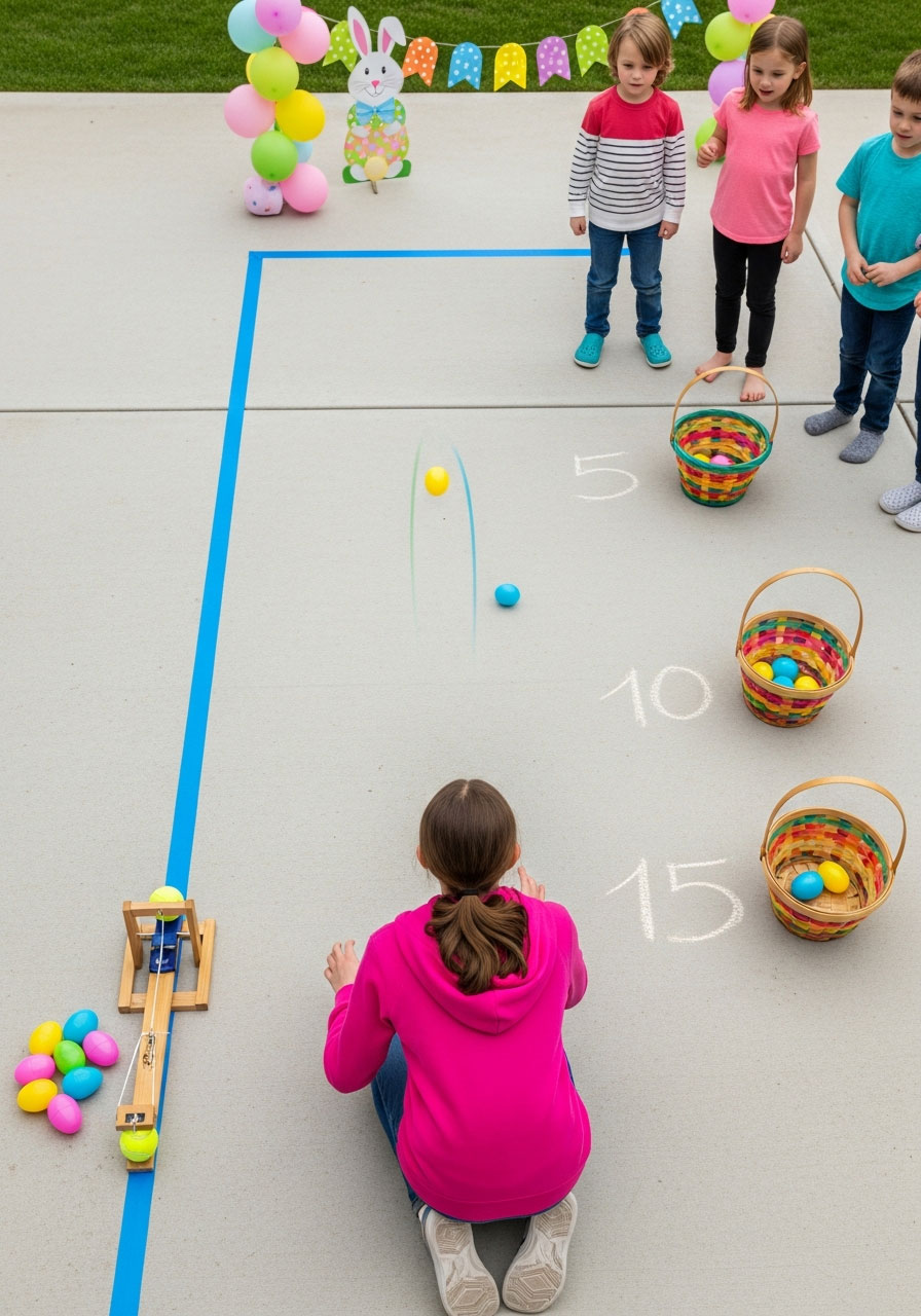 Kids playing egg catapult launch spring minute to win it game with plastic Easter eggs and DIY catapult at outdoor party