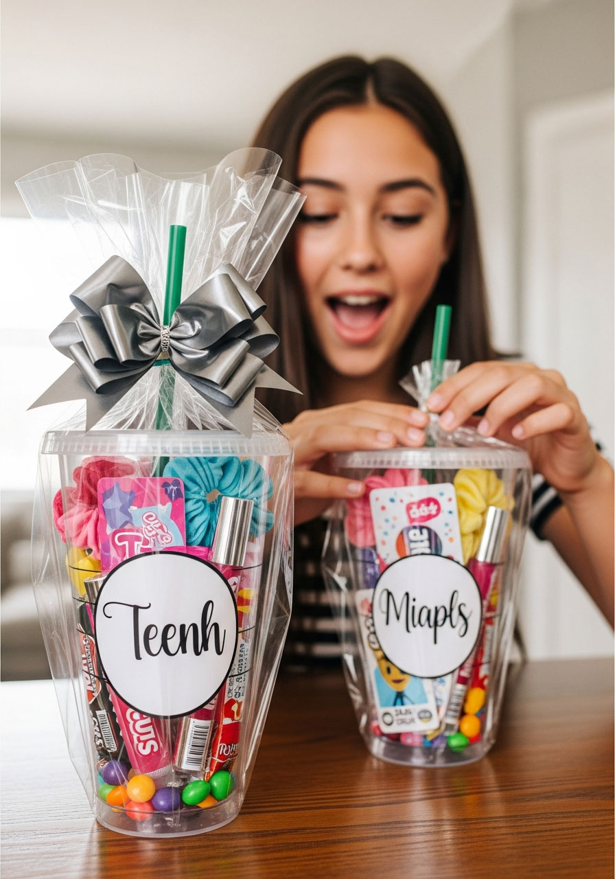 Starbucks-style reusable cup filled with treats and surprises party favor for teen birthday
