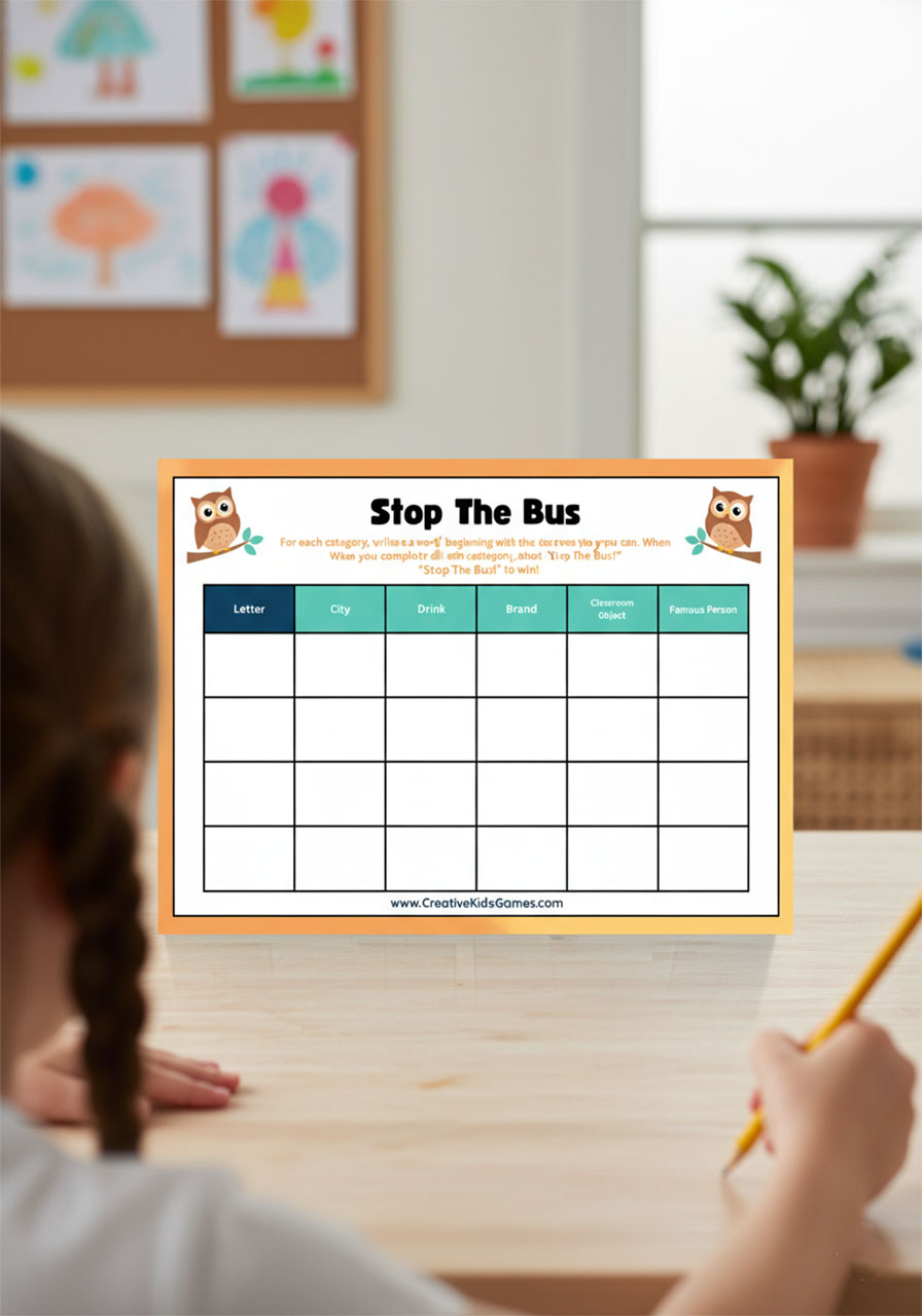 Kids playing Stop the Bus category word game with paper and pencil - educational indoor game for children