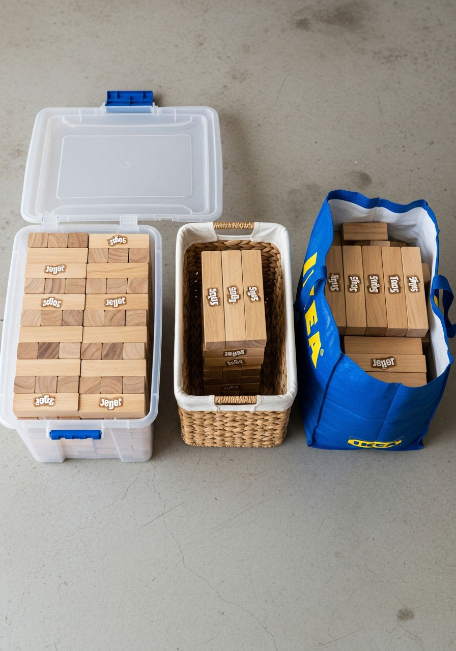Three practical storage container options for giant Jenga blocks including plastic tote, laundry basket, and IKEA bag