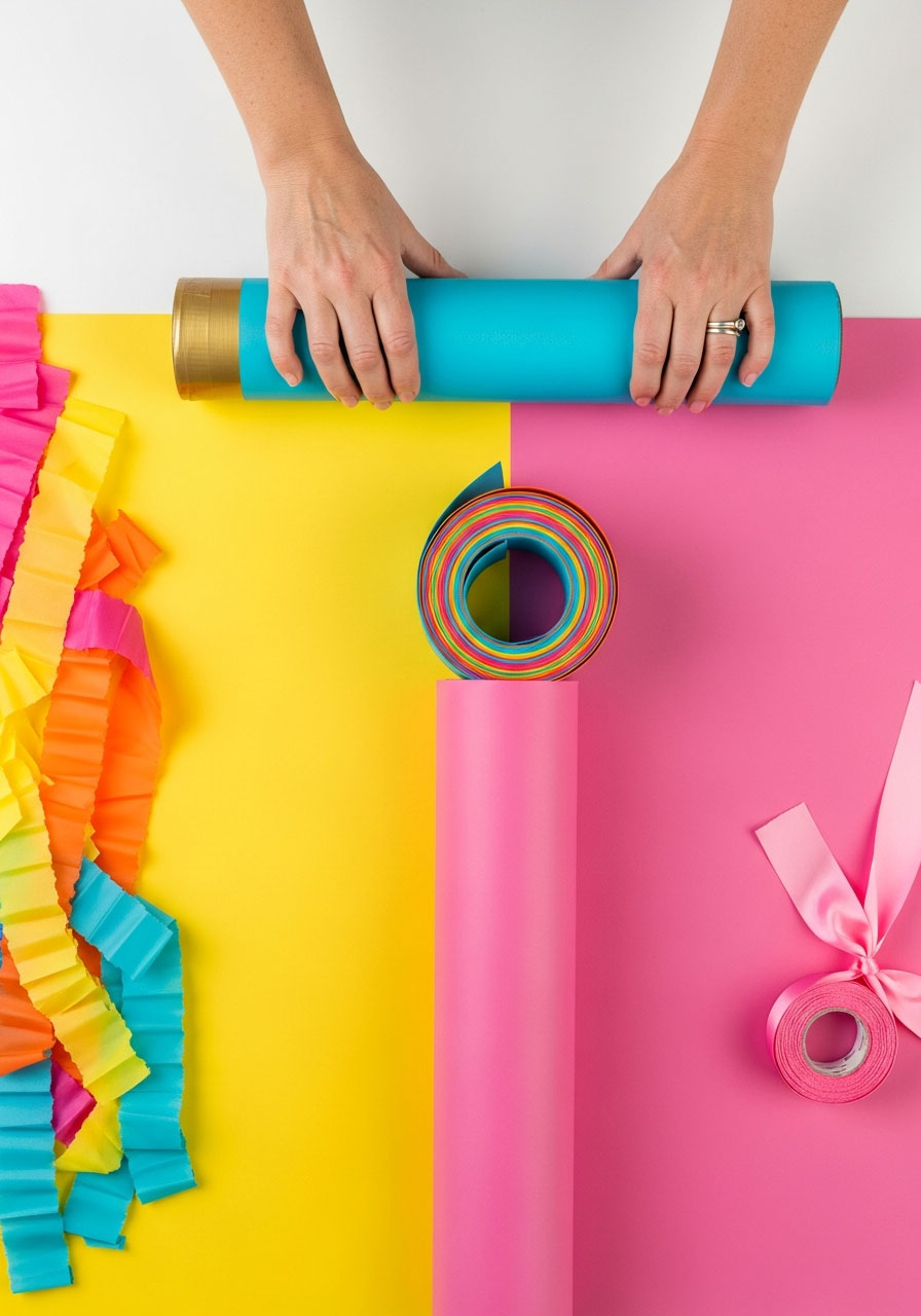 Hands rolling up DIY tablecloth backdrop for storage to reuse at future parties