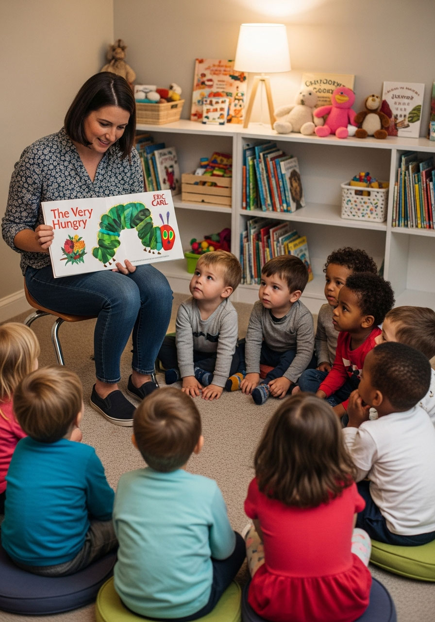 Teacher reading picture book to engaged preschoolers during circle time story activity in classroom
