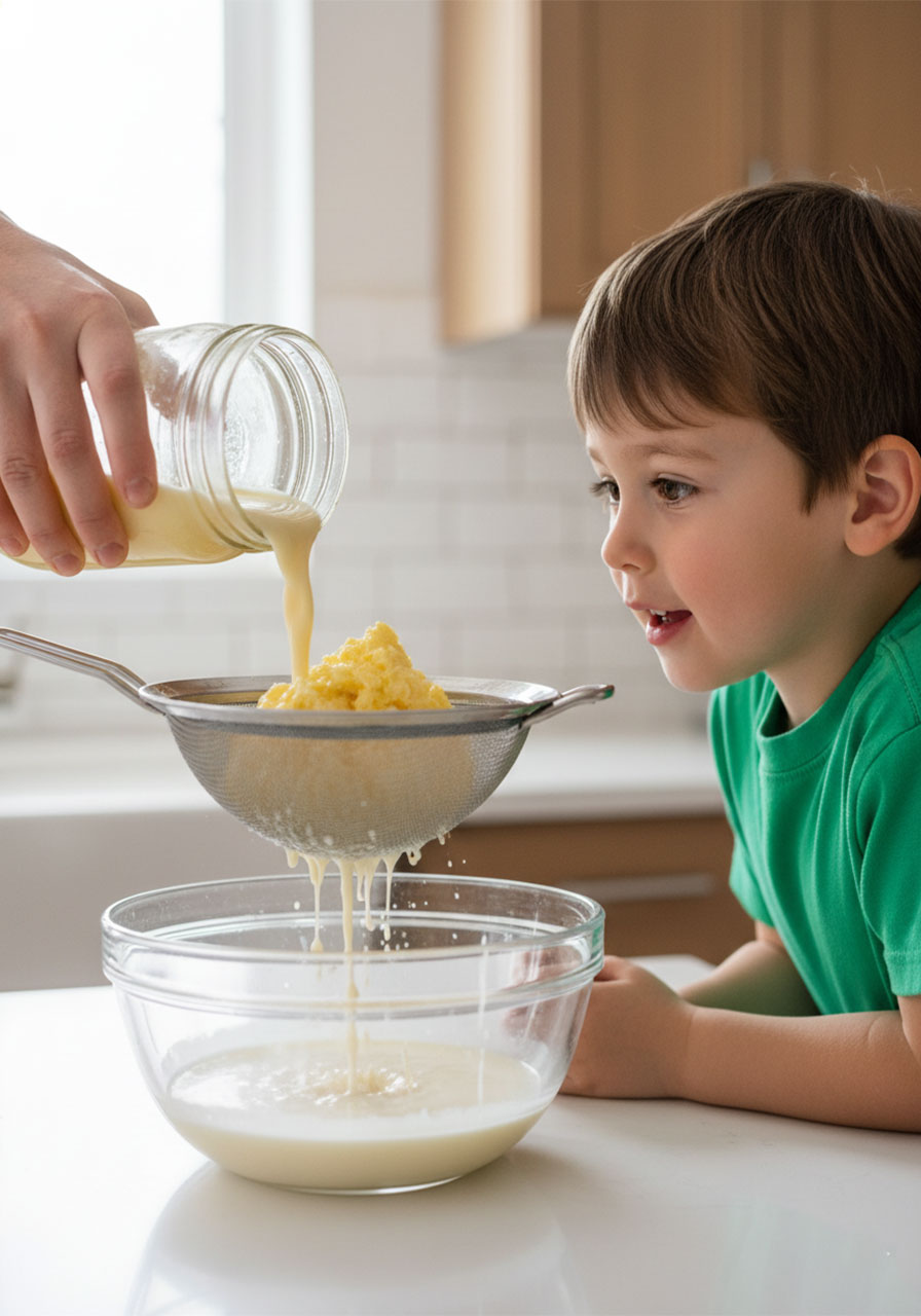 Adult hands straining homemade butter from buttermilk using mesh strainer while child watches the separation process