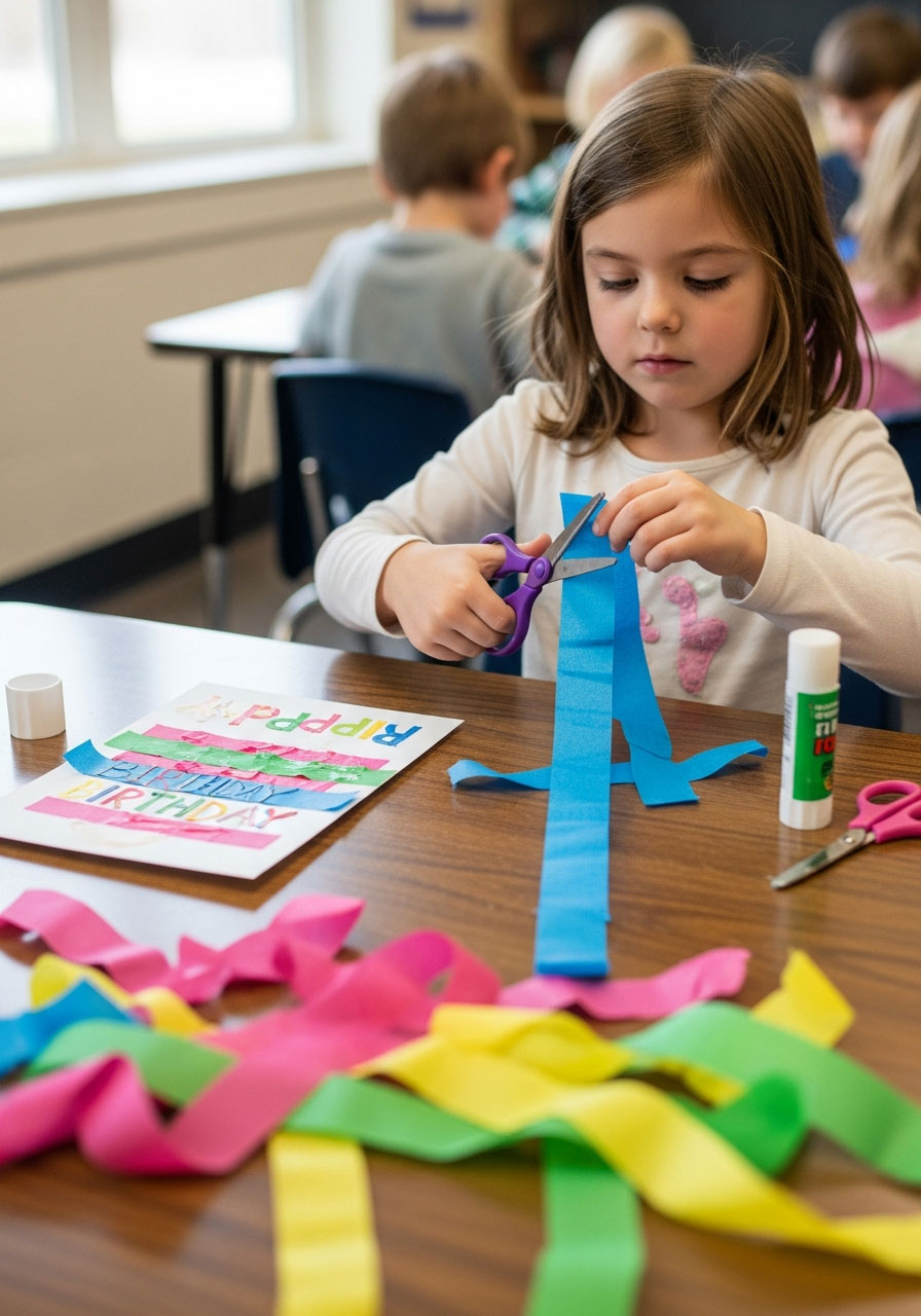Young girl using loop scissors to cut colorful birthday streamers for collage art project at preschool center