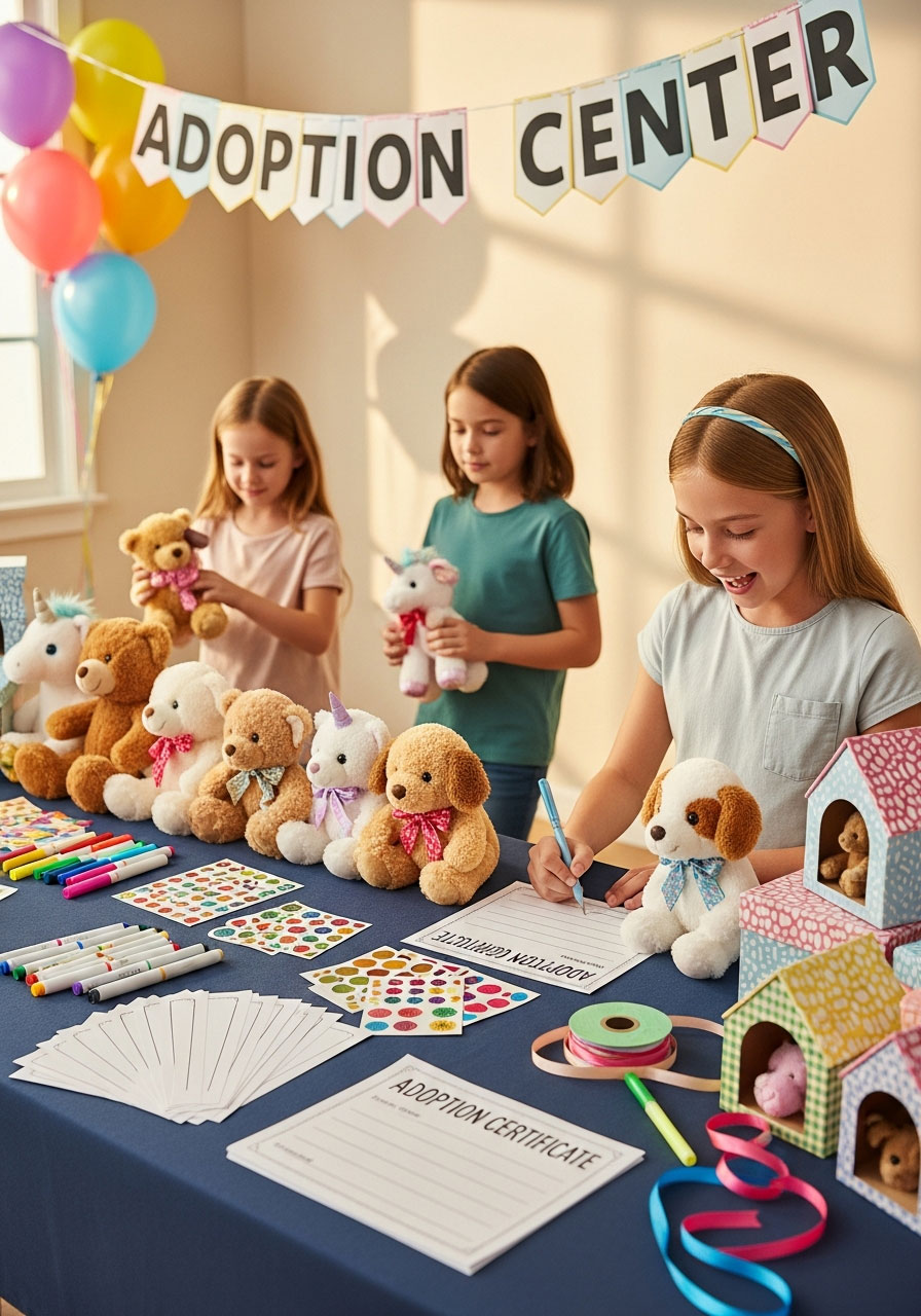 Stuffed animal adoption center party favor activity with children choosing and adopting plush toys