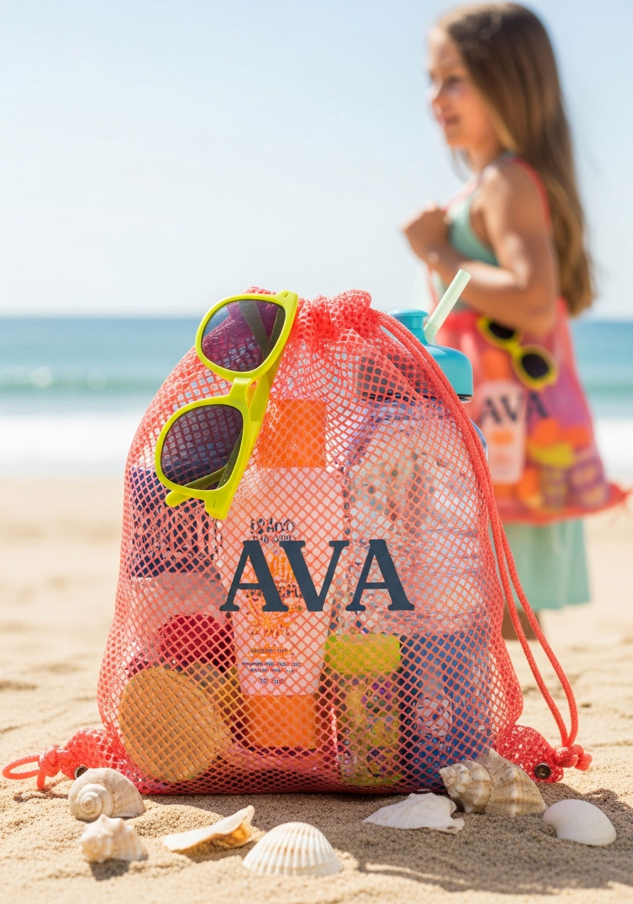 Summer beach bag party favor filled with sunglasses, sunscreen, and beach essentials for kids