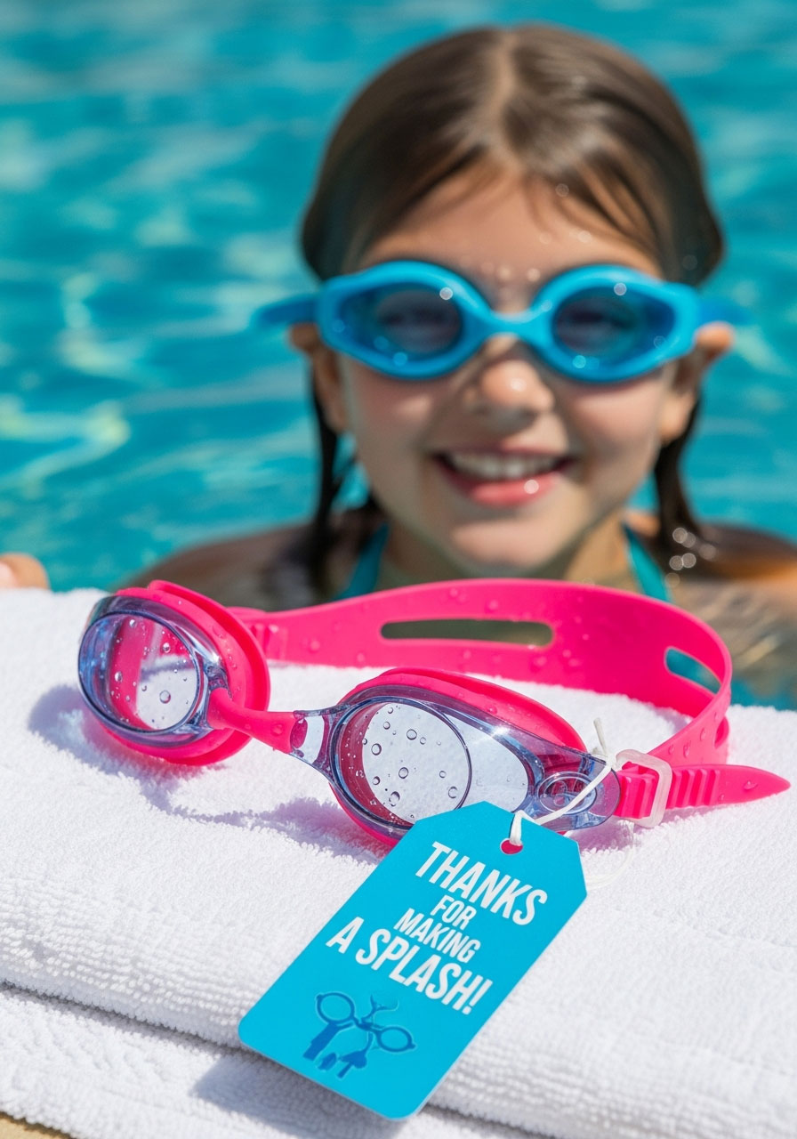 Colorful swim goggles party favor with waterproof gift tag for pool birthday party