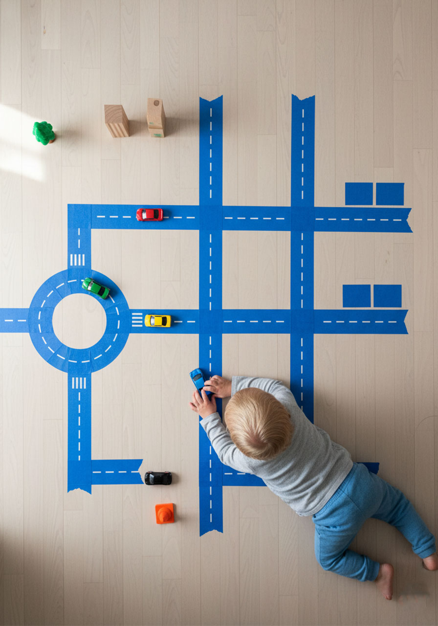 Overhead view of toddler playing with toy cars on tape road city layout created on living room floor