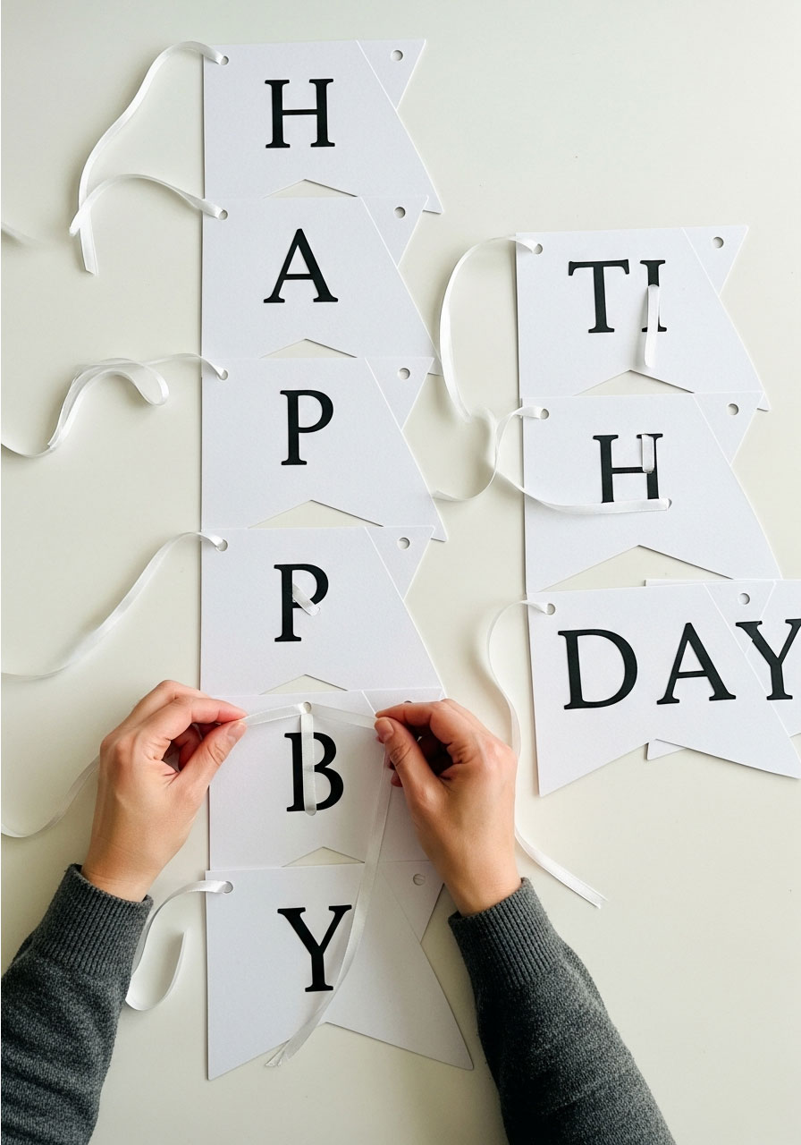 Hands weaving ribbon through holes to assemble DIY birthday banner flags