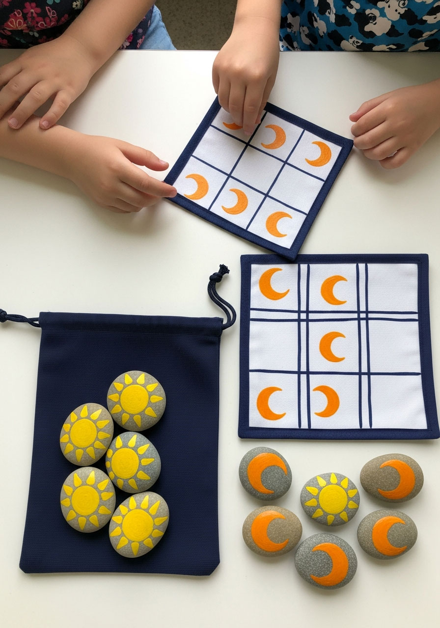 Portable tic-tac-toe game with painted rocks in drawstring bag party favor for kids